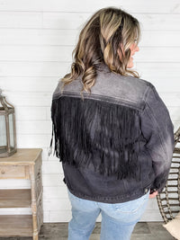 "Rough and Ready" Denim Jacket with Fringe Detail (Black)