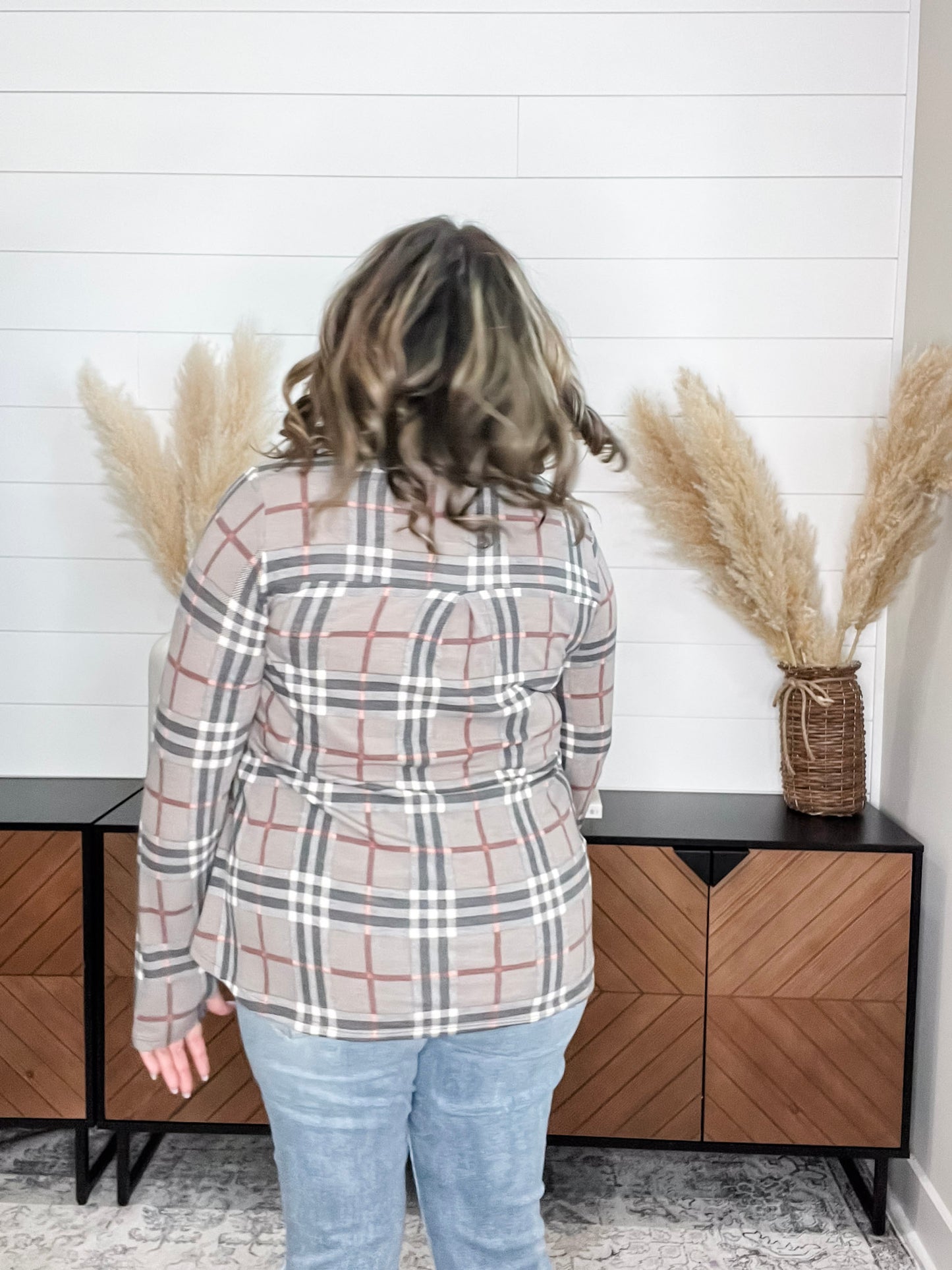 "Surrender" Plaid Long Sleeve Split Neck