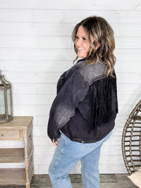 "Rough and Ready" Denim Jacket with Fringe Detail (Black)