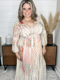 "Country In The Park" Long Sleeve V Neck Lace Dress (Patchwork)