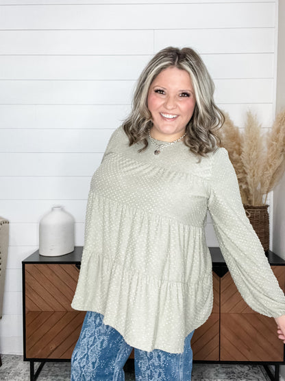 "Double Mint" Long SLeeve Swiss Dot Tiered Top