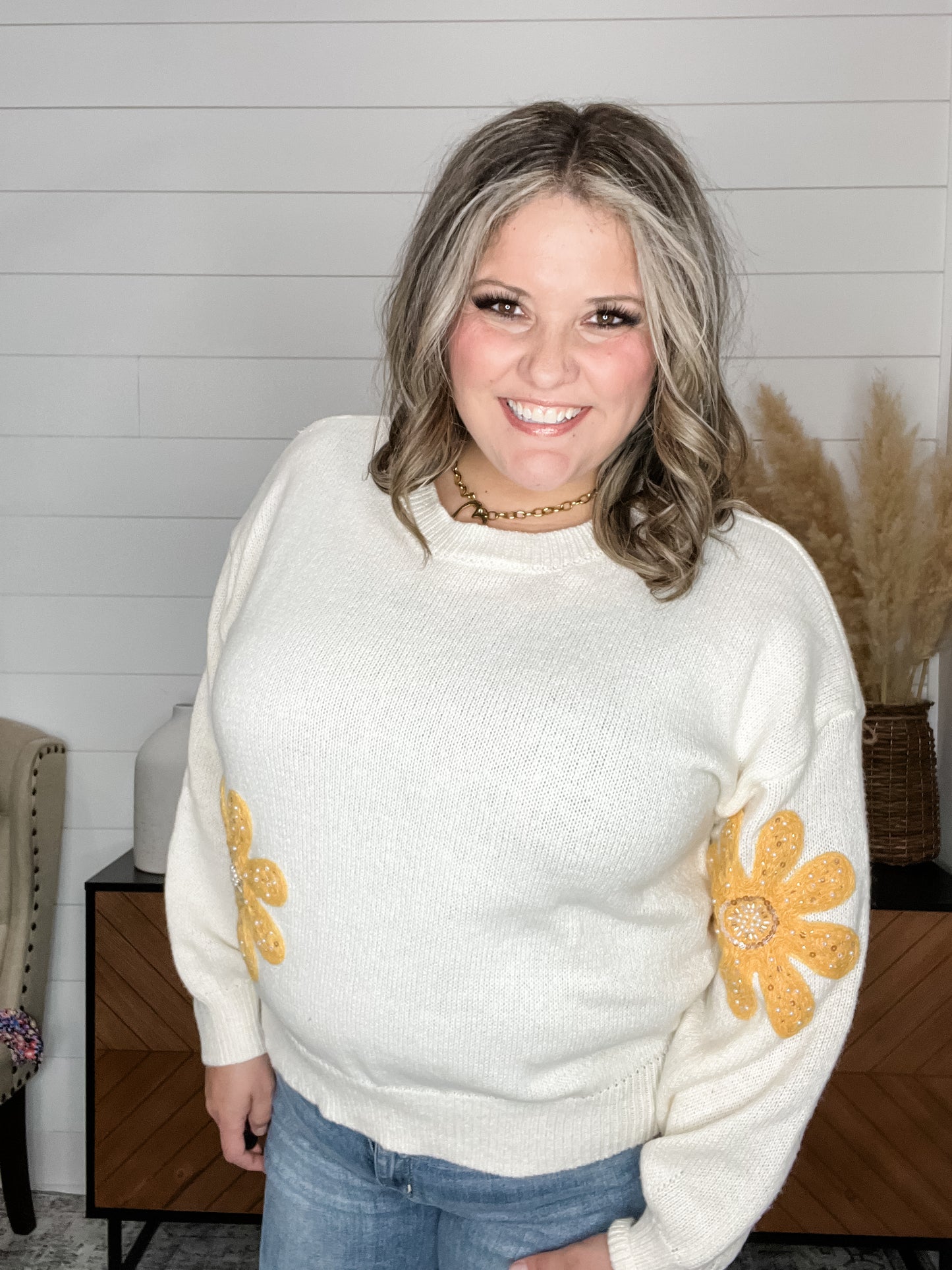 "Diego" Flower Accent Sweater with Jewel Embellishments