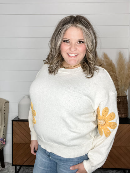 "Diego" Flower Accent Sweater with Jewel Embellishments