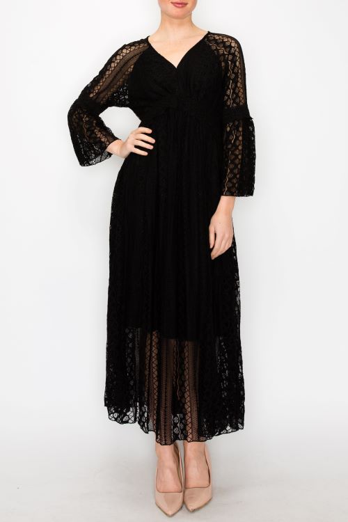 "Country In The Park" Long Sleeve V Neck Lace Dress (Black)