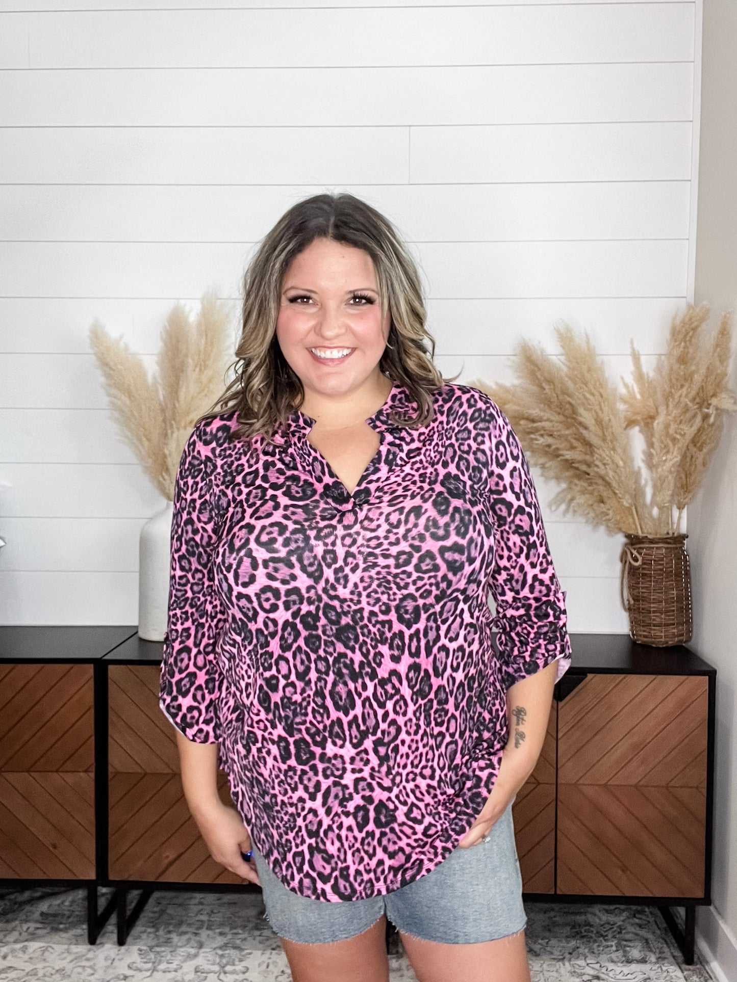 "Miss Kitty" Animal Print 3/4 Sleeve Split Neck