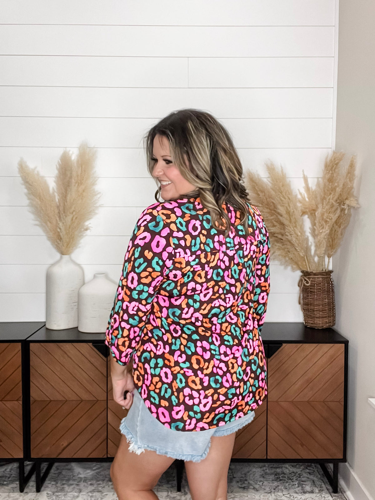 Dear Scarlett "Hastings" Animal Print Lizzy 3/4 Sleeve Split Neck