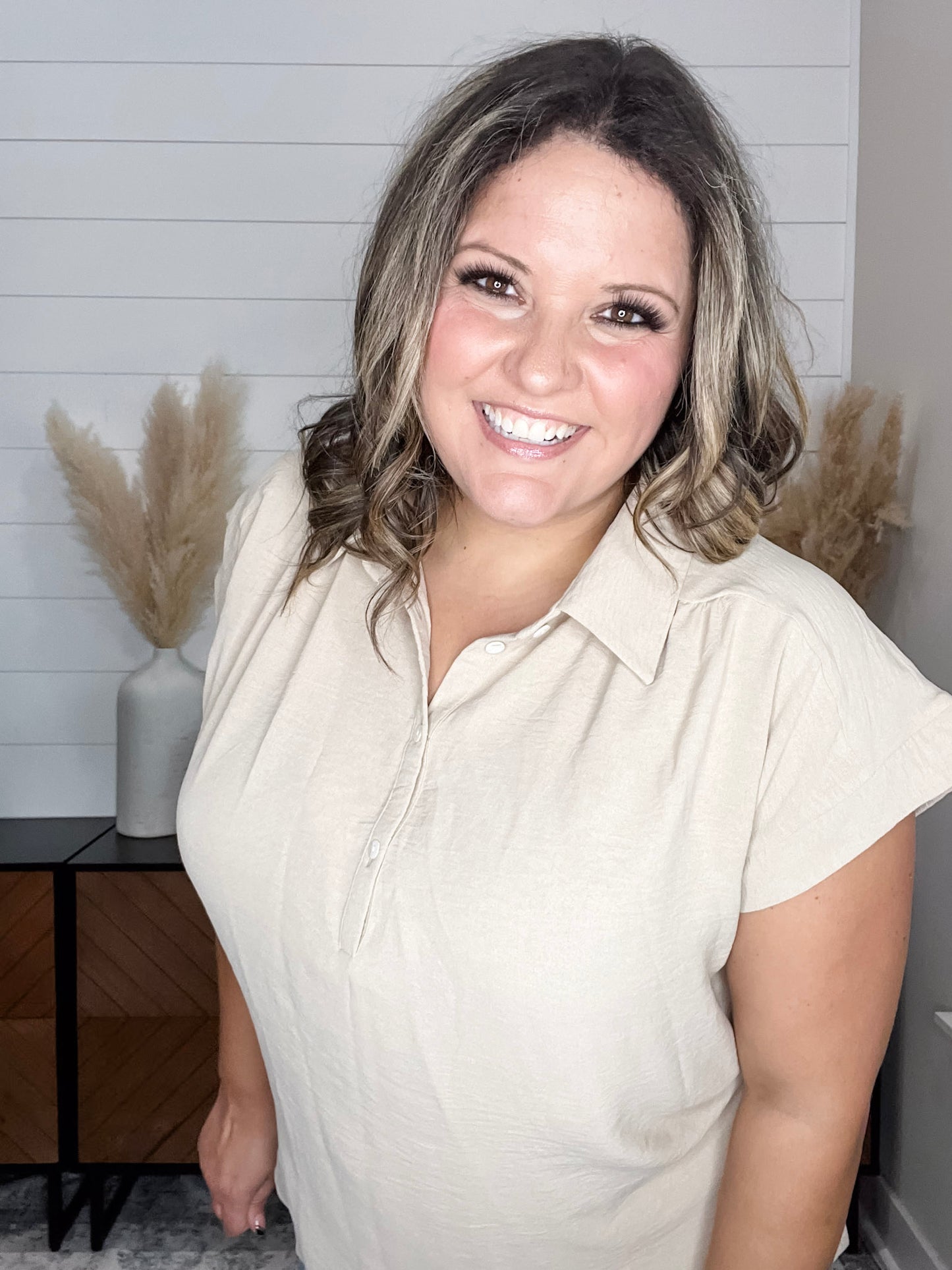 "Bailee" Collared Cap Sleeve Blouse with Front Buttons (Taupe)