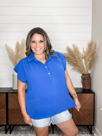 "Bailee" Collared Cap Sleeve Blouse with Front Buttons (Royal Blue)