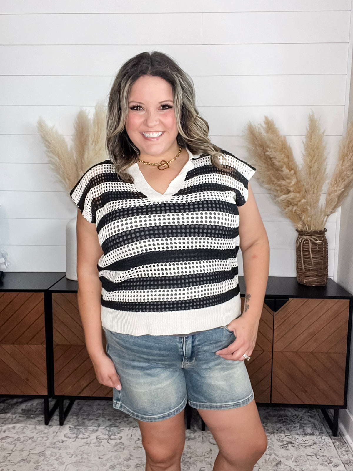 "Snapshot" Split Neck Short Sleeve Sweater