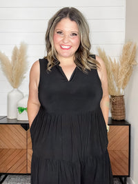 Dear Scarlett "Amos" Sleeveless Split Neck Tiered Dress (Black)