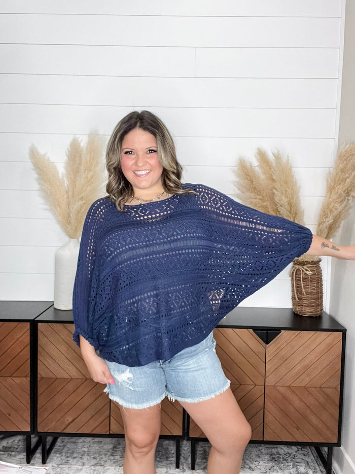 Open Knit Dolman Sleeve Cover Up (Navy)