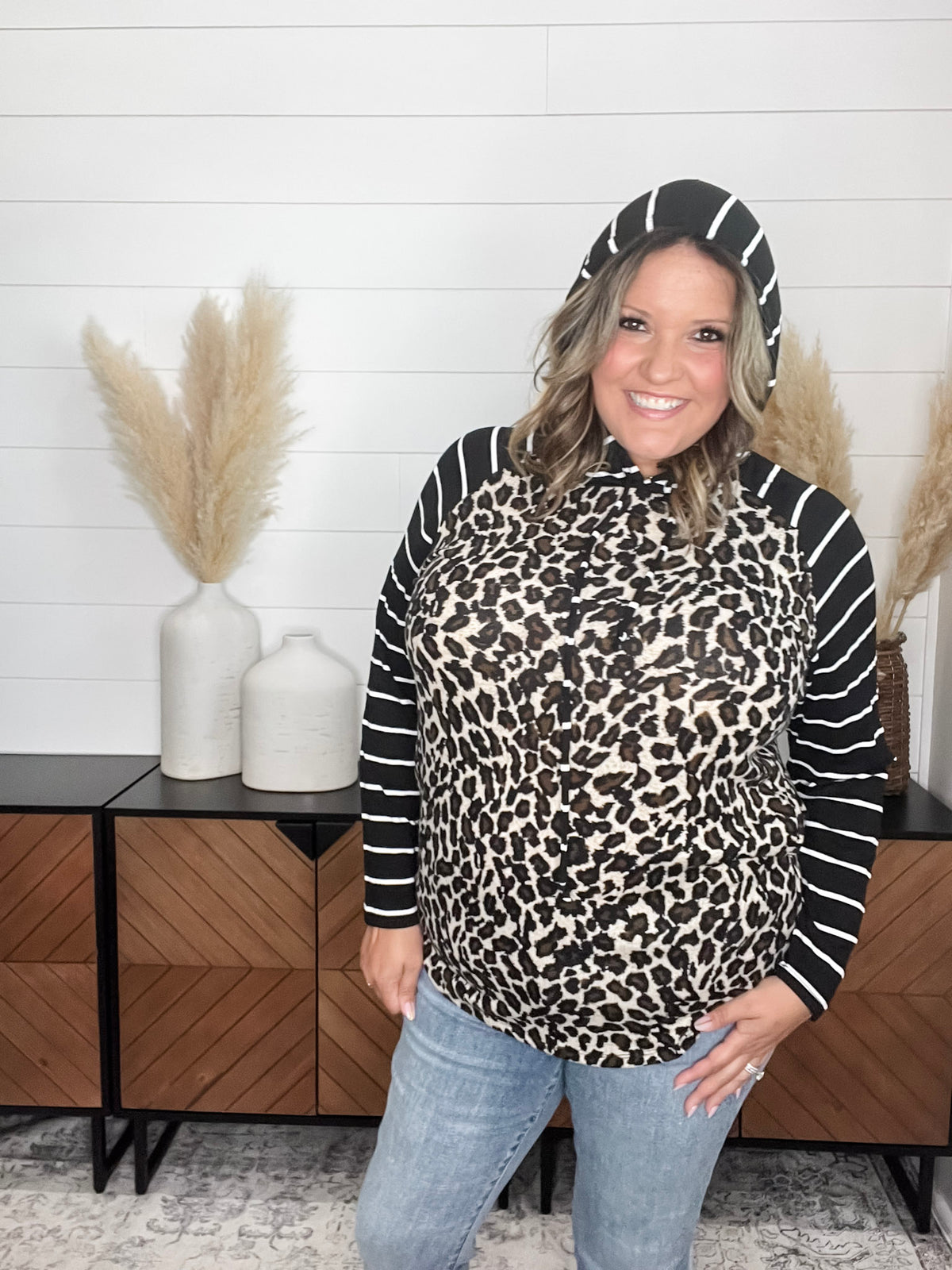 "Caged" Animal Print with Stripe Accent Hoodie