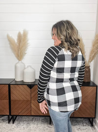 "Crystal" Light Weight Hoodie with Stripe Sleeve (Black & White Plaid)