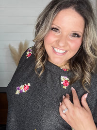 Dear Scarlett "Deceptive" Floral Embroidered Short Sleeve Dolman with Cuff and Collar (Black)