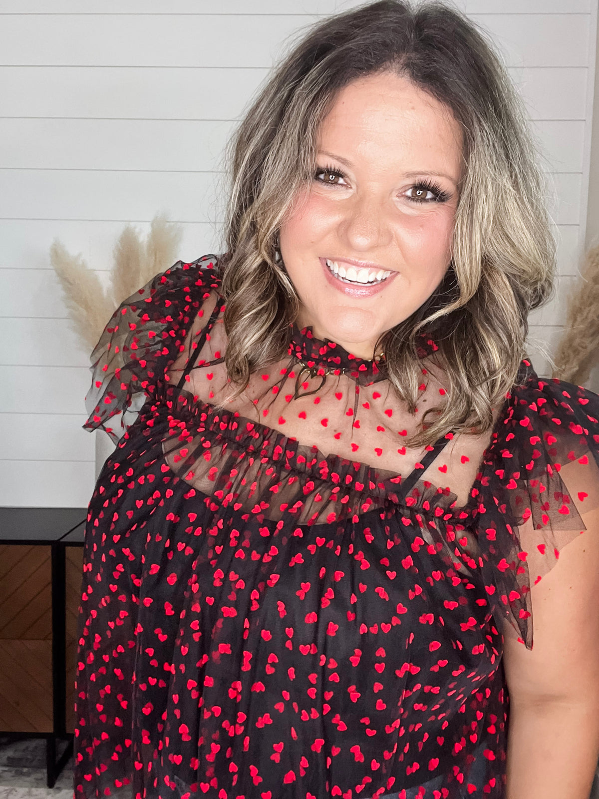 "Don't Go Breakin" Heart Printed High Collar Short Sleeve Babydoll