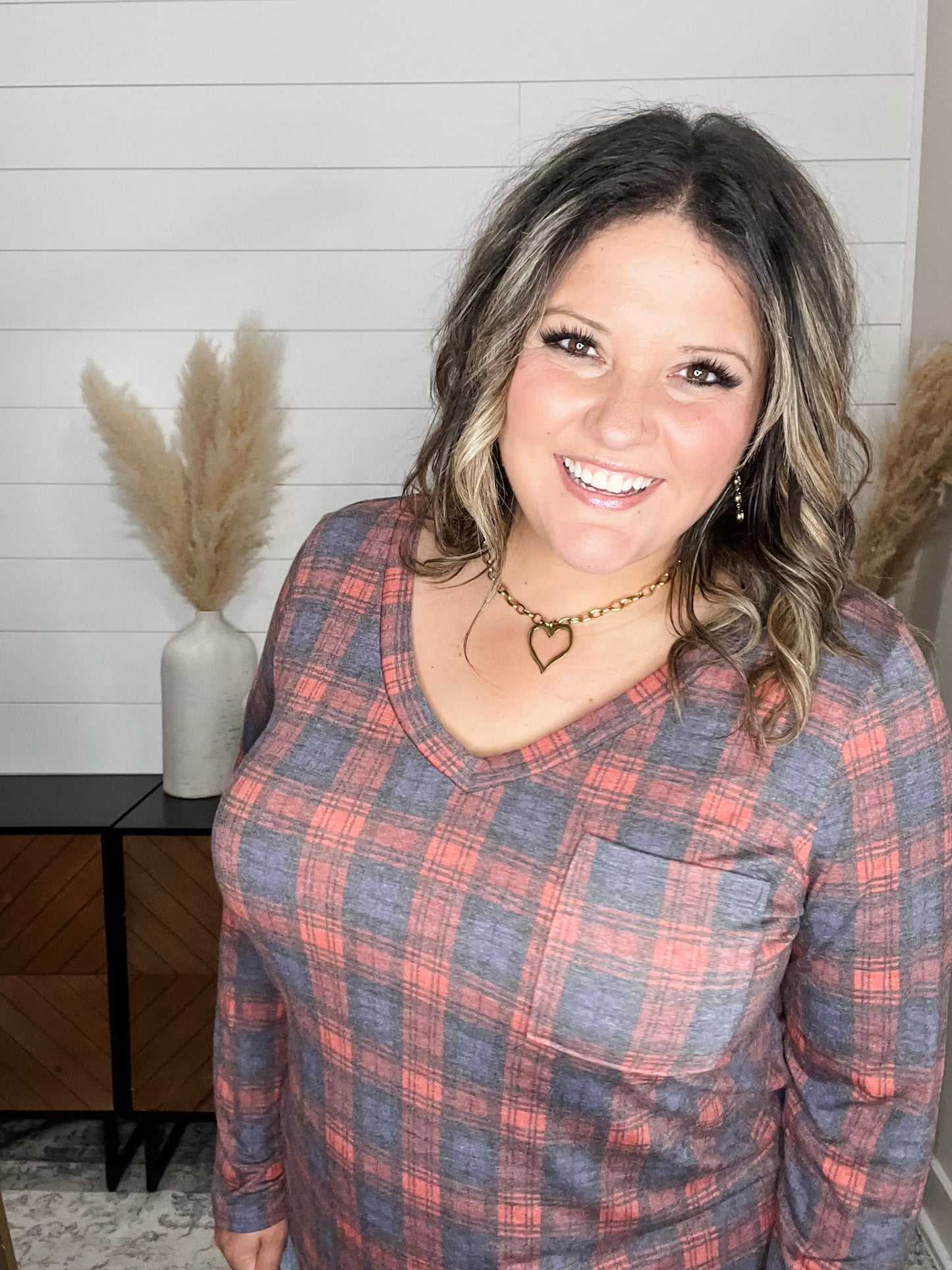 "In To It" Long Sleeve Plaid V Neck with Chest Pocket