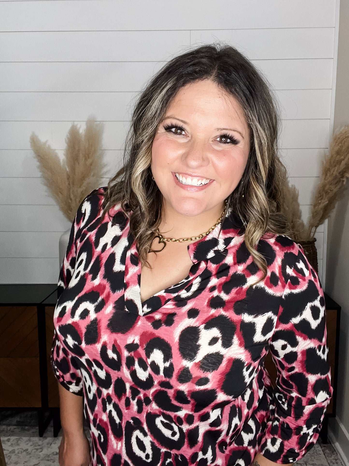 "Kiefer" Animal Print Lizzy 3/4 Sleeve Split Neck