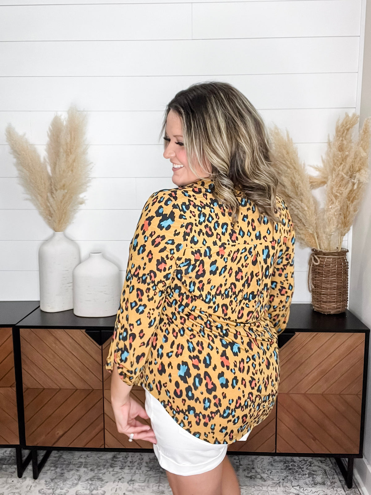 Dear Scarlett "Losing Battle" Animal Print Lizzy 3/4 Sleeve Split Neck