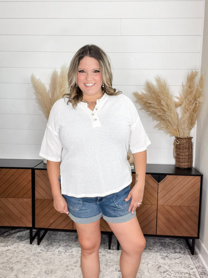 "Honey Bee" Short Sleeve Faux Button Detail Waffle Texture Tops (Ivory)