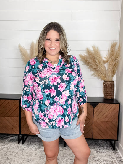 "Bystander" Floral Lizzy 3/4 Sleeve Split Neck