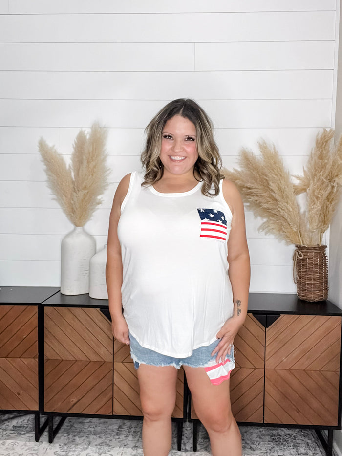 "Ole Glory" Flag Pocket Detail Tank (White)