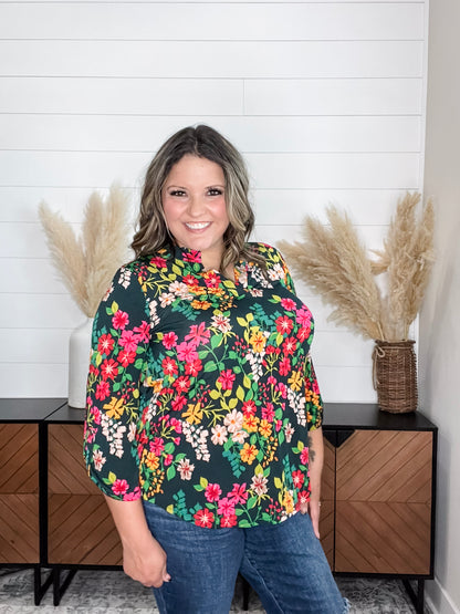 "Clayton" Floral Lizzy 3/4 Sleeve Split Neck
