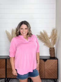 Dear Scarlett "Shocking" 3/4 Smocked Sleeve Split Neck (Pink)