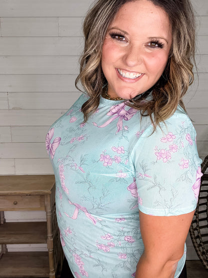 Shirley & Stone "Lavender Bows" Short Sleeve Mesh Top