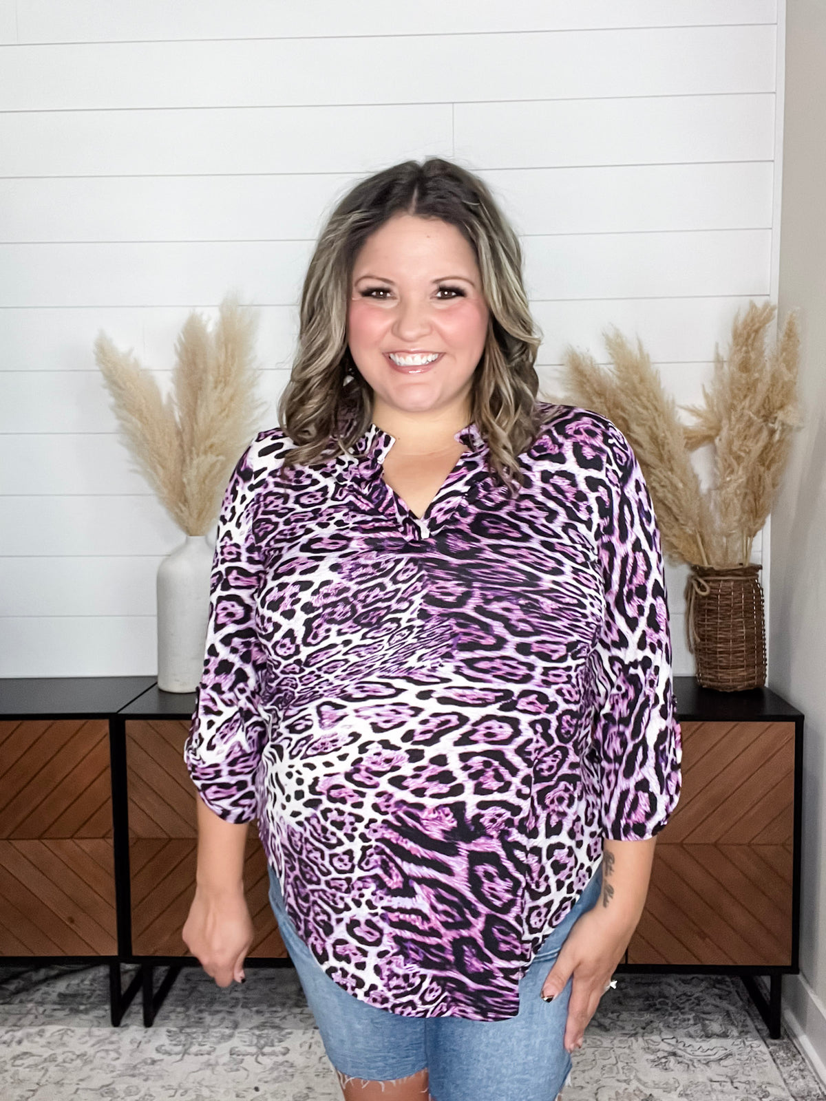 Dear Scarlett "Fizzy" Animal Print Lizzy 3/4 Sleeve Split Neck
