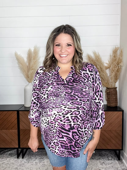 "Fizzy" Animal Print Lizzy 3/4 Sleeve Split Neck