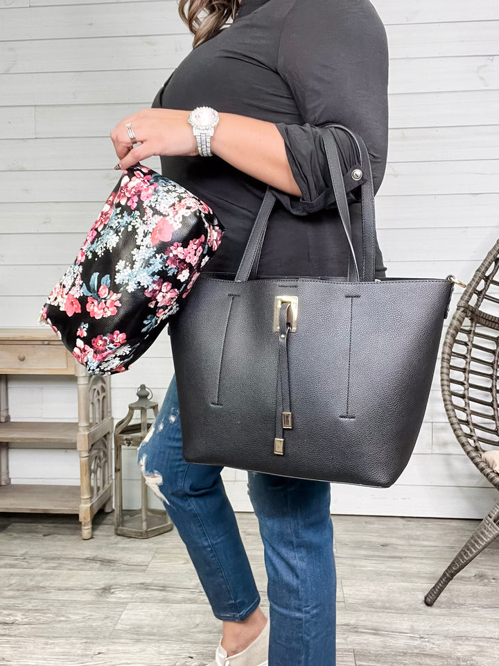 "Sandra" Solid Black Handbag with additional Floral Clutch