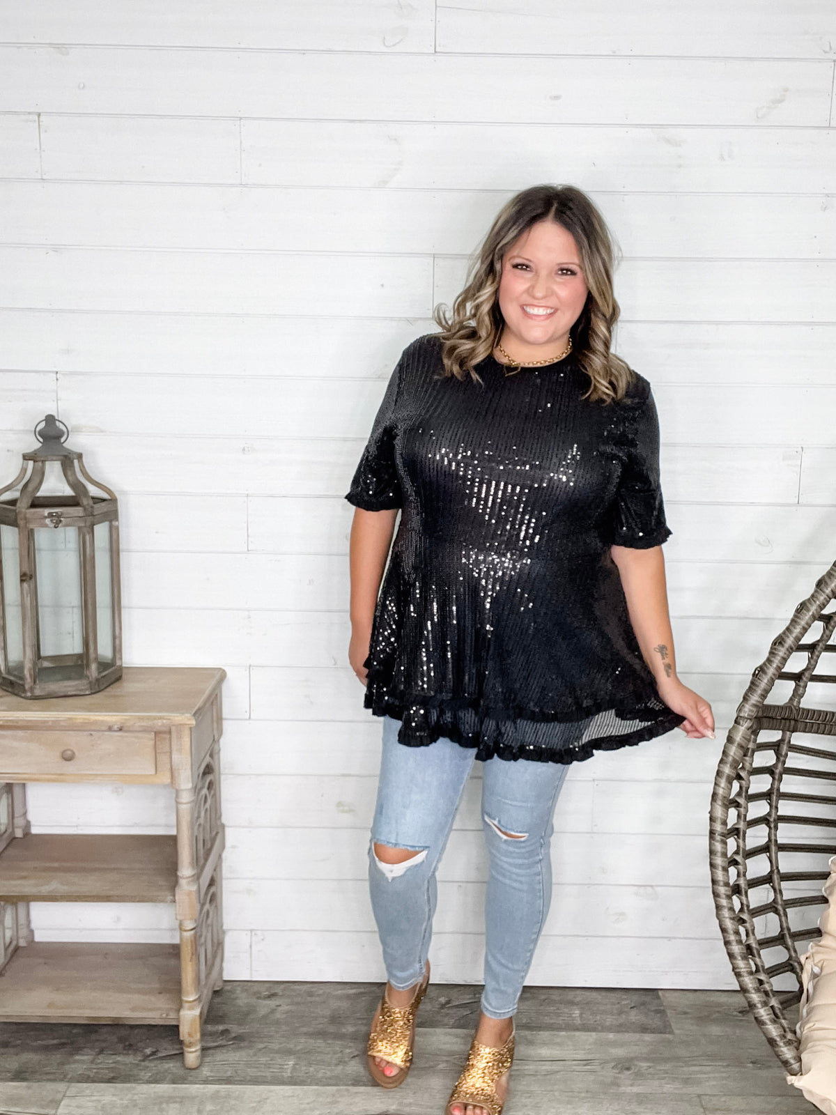 "Caught A Glimpse" Sequined Ruffle Hem and Sleeve (Black)