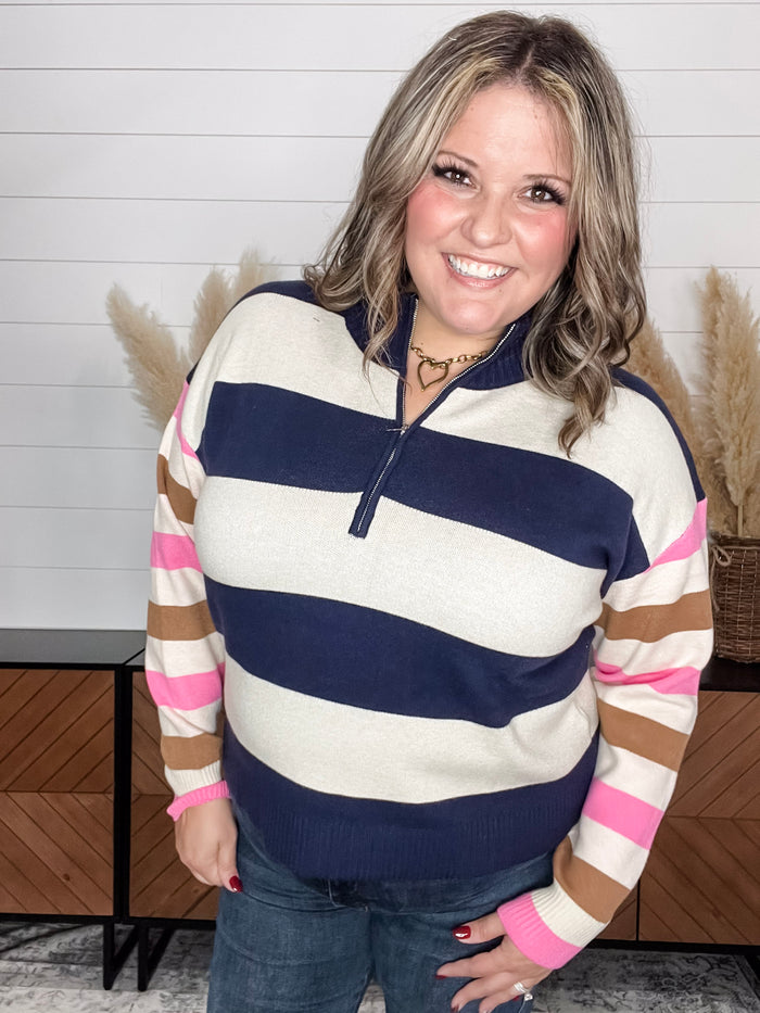 "Force" 1/2 Zip Stripe Sweater