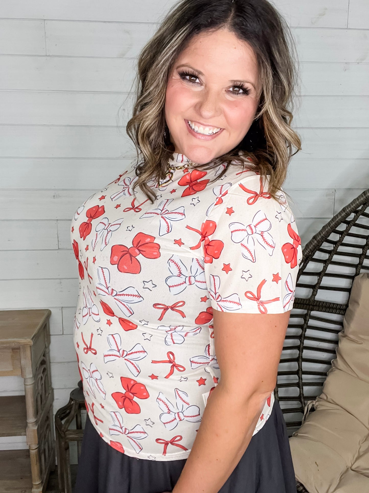 Shirley & Stone "Baseball & Bows" Short Sleeve Mesh Top