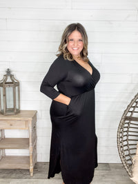 Solid 3/4 Sleeve Wrap Dress with Pockets (Black)