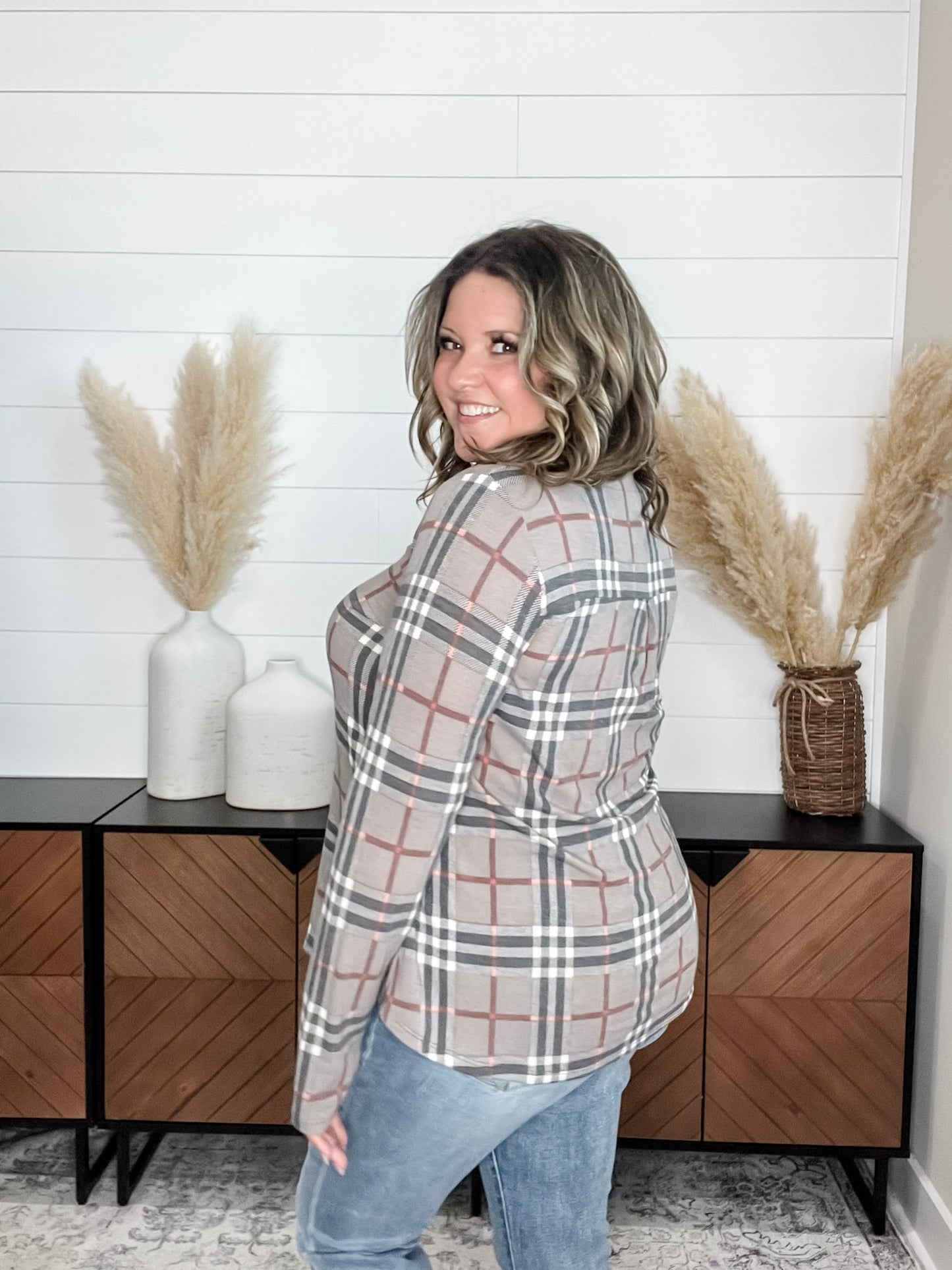 "Surrender" Plaid Long Sleeve Split Neck