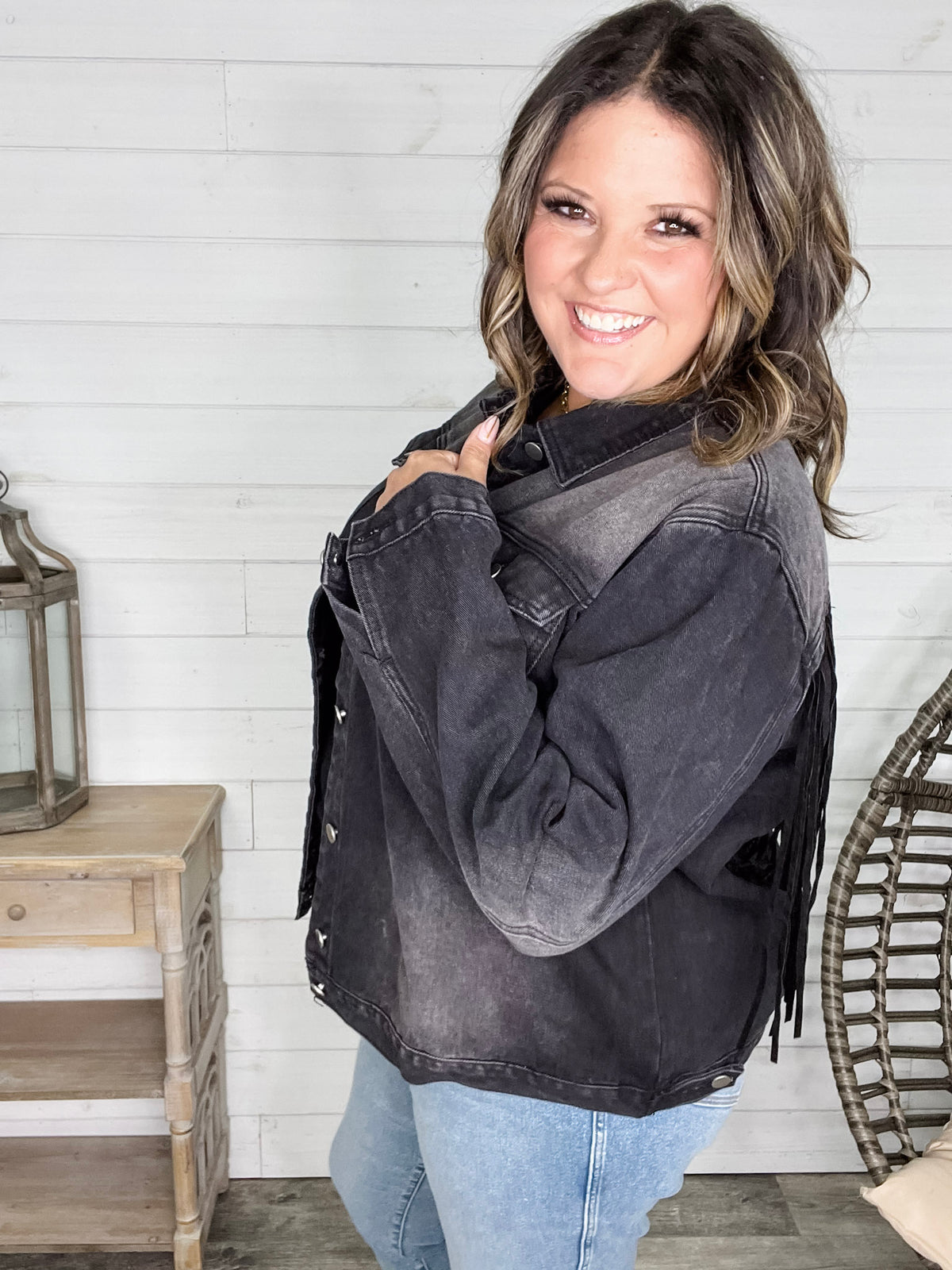 "Rough and Ready" Denim Jacket with Fringe Detail (Black)