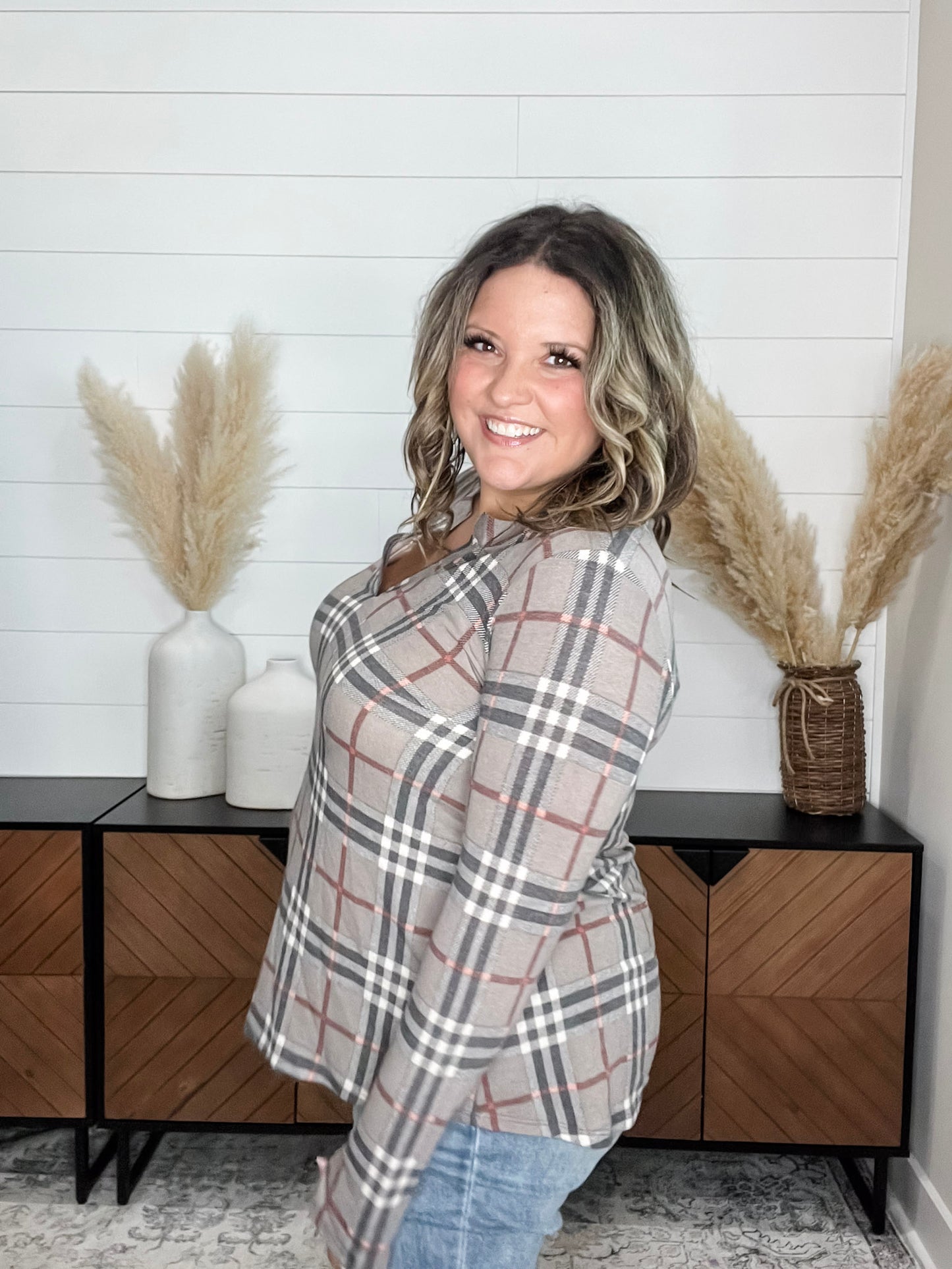 "Surrender" Plaid Long Sleeve Split Neck