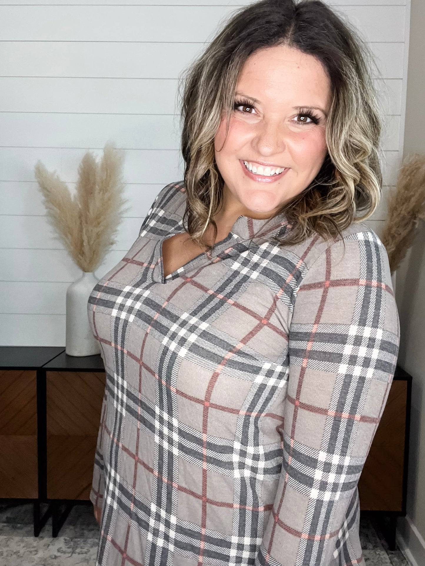 "Surrender" Plaid Long Sleeve Split Neck