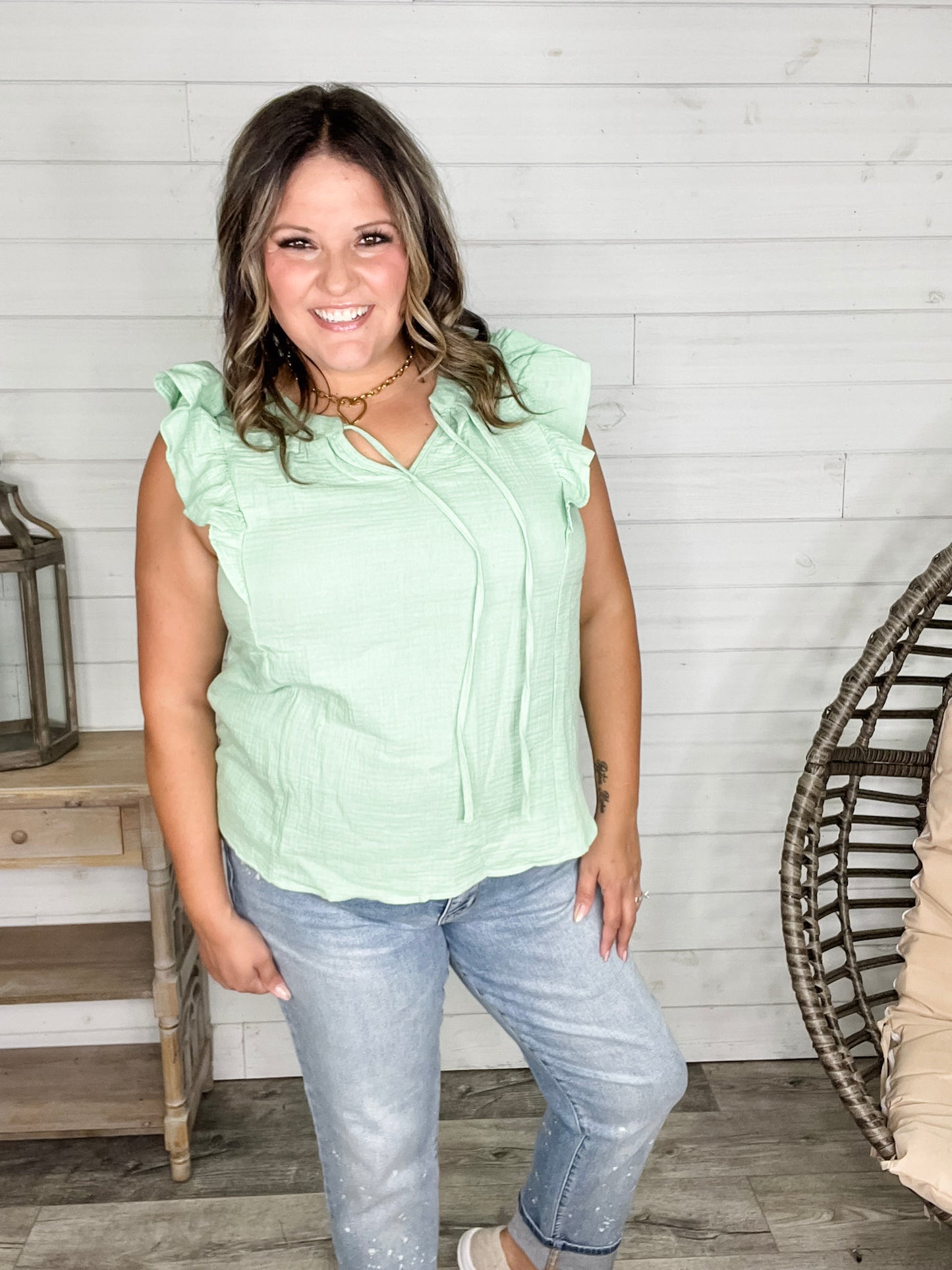 "Wheatland" Ruffle Cap V Neck with Tie Detail (Sage)