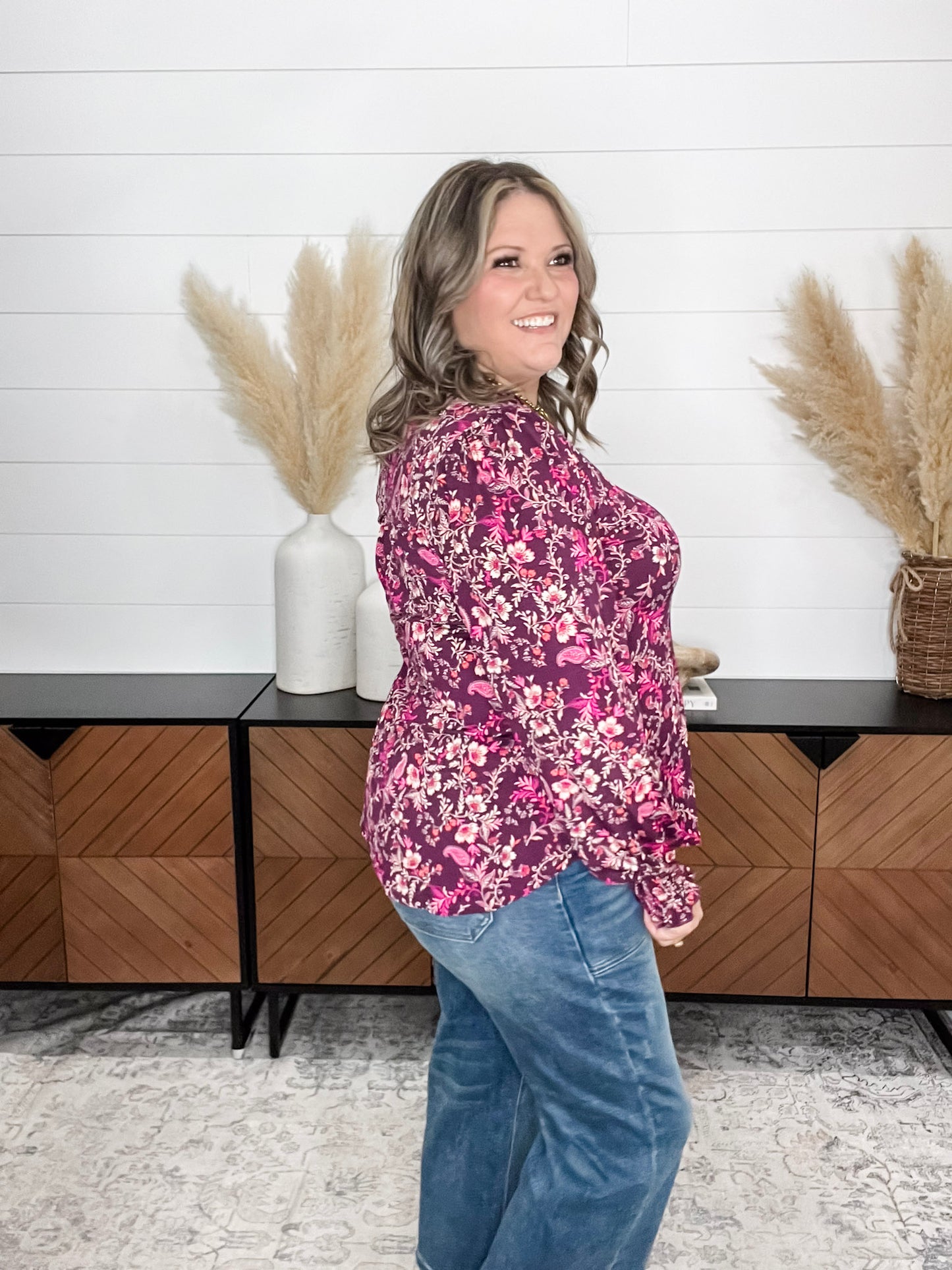 "Titanium" Smocked Wrist Long Sleeve Split Neck
