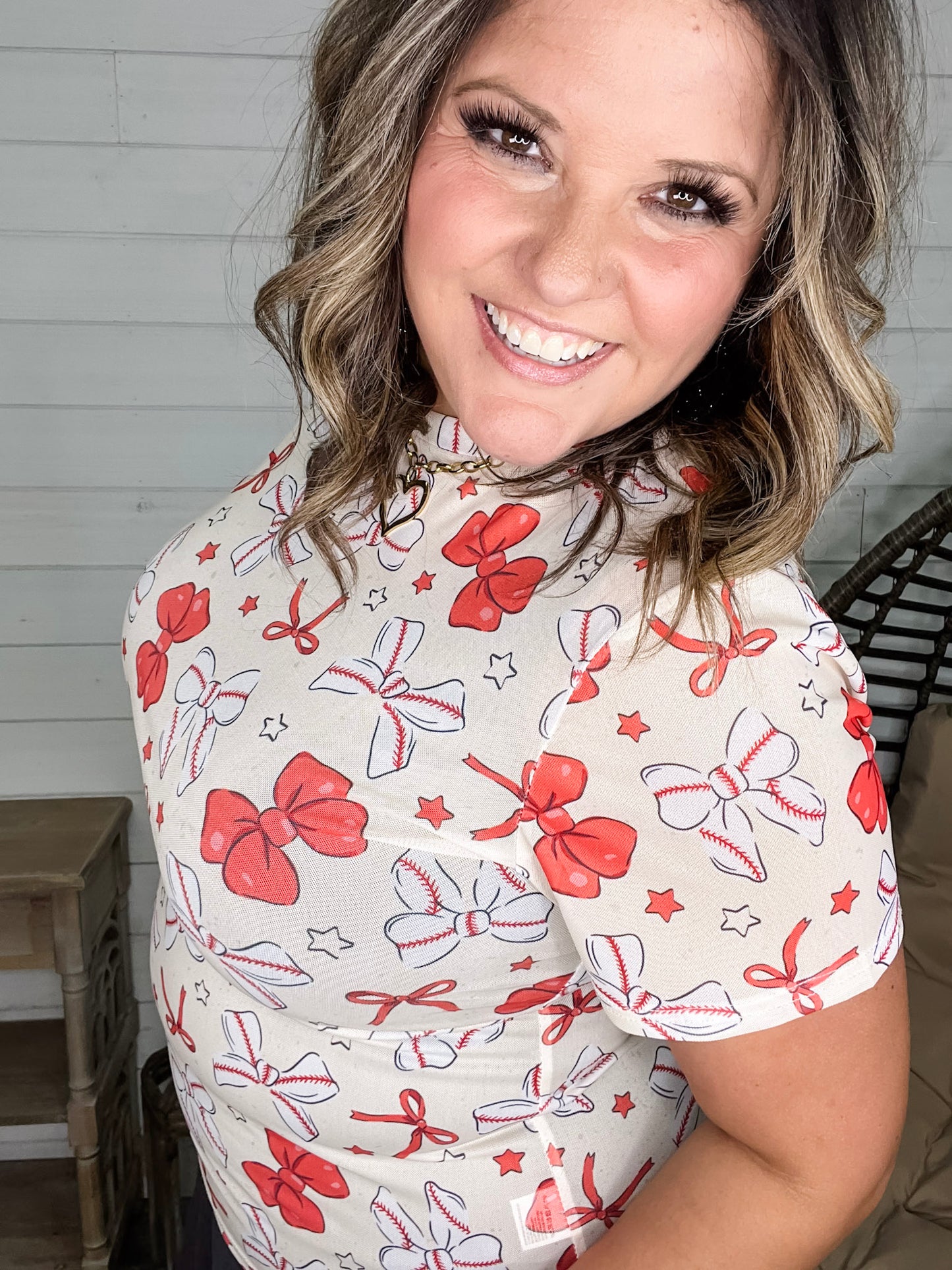 Shirley & Stone "Baseball & Bows" Short Sleeve Mesh Top
