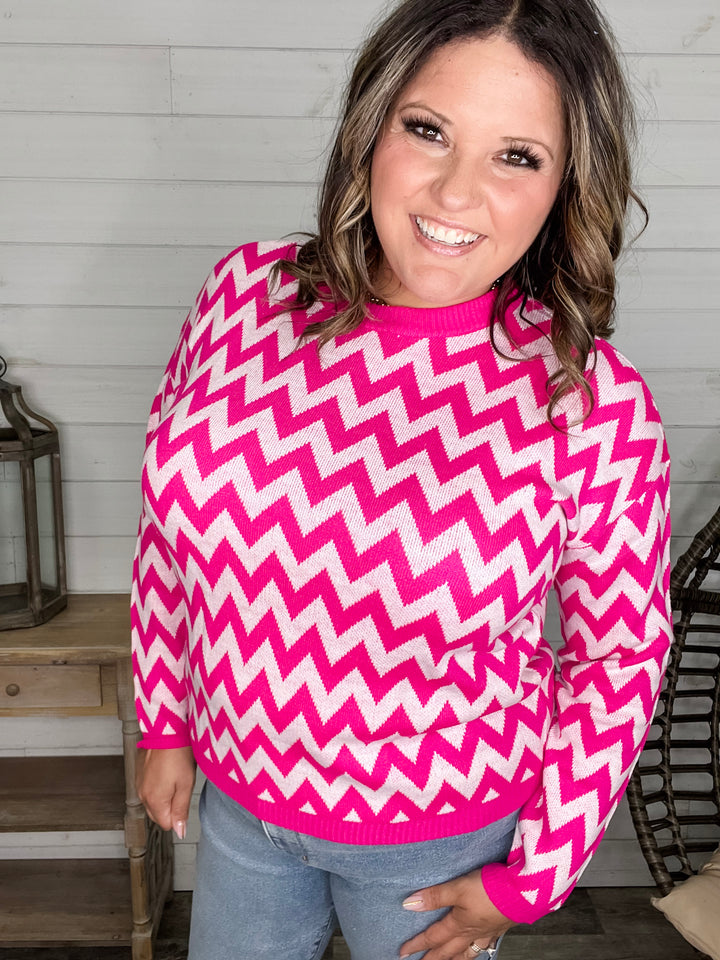"Zig Zag" Long Sleeve Crewneck Sweater (Fuchsia)