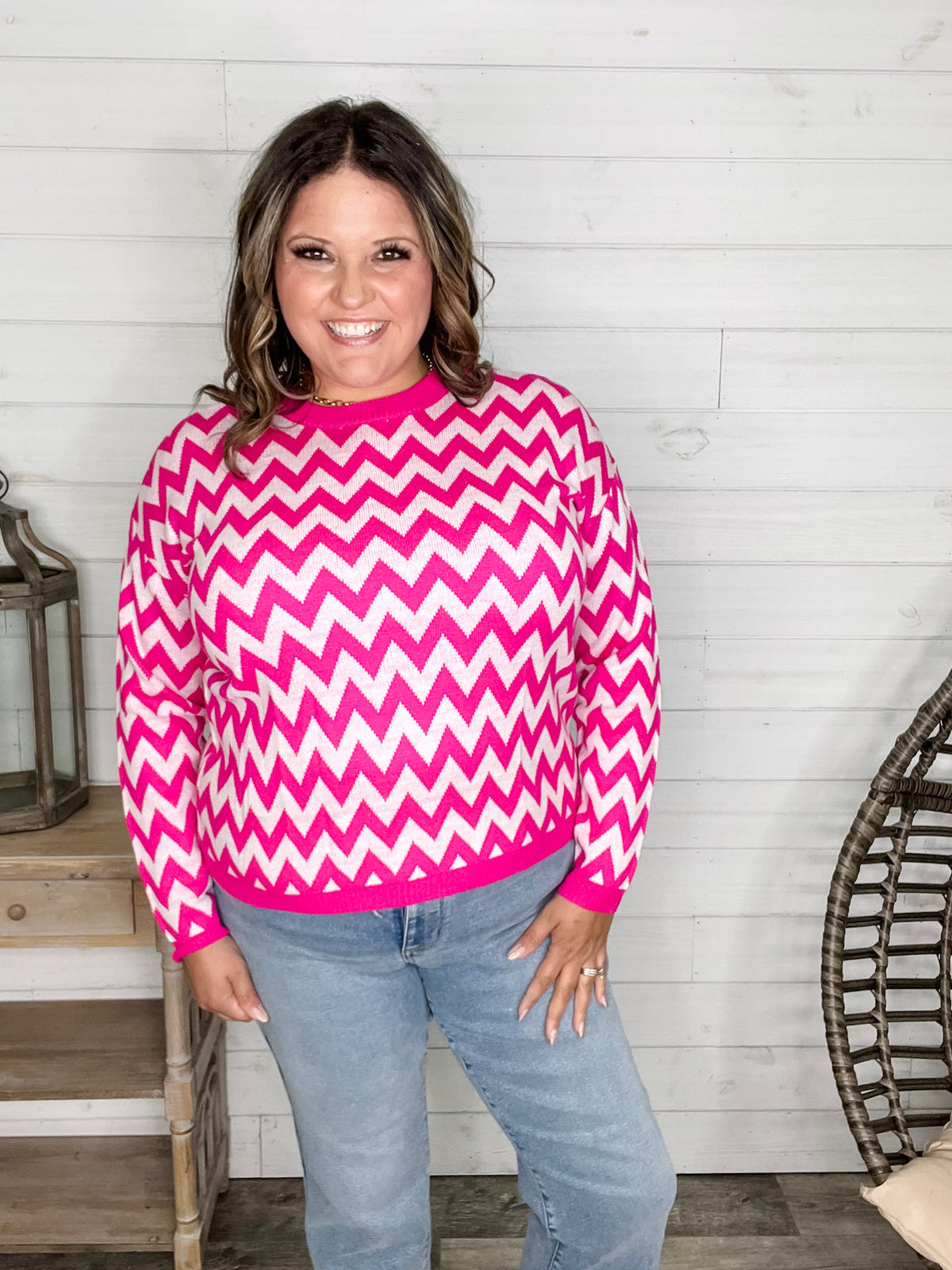 "Zig Zag" Long Sleeve Crewneck Sweater (Fuchsia)