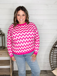 "Zig Zag" Long Sleeve Crewneck Sweater (Fuchsia)