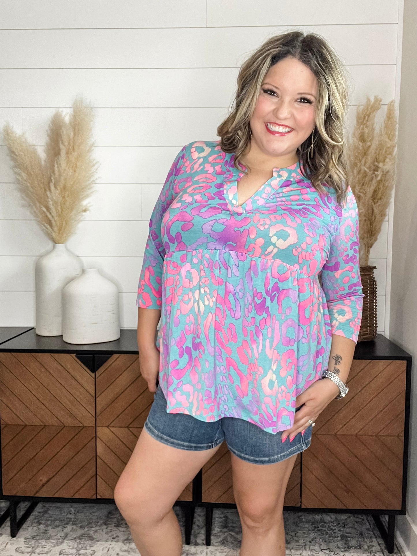 "Stanlee" 3/4 Sleeve Split Neck Babydoll