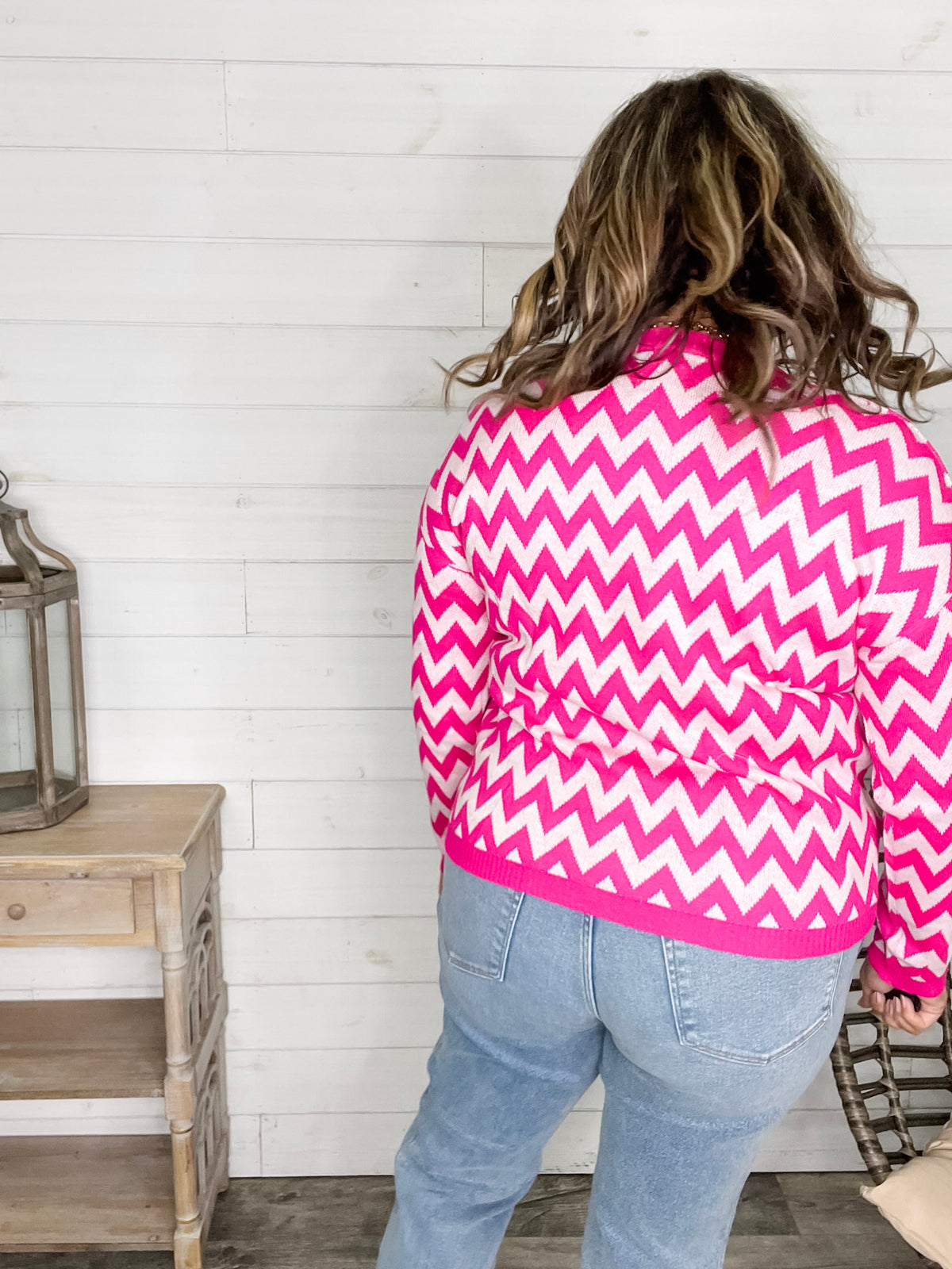 "Zig Zag" Long Sleeve Crewneck Sweater (Fuchsia)