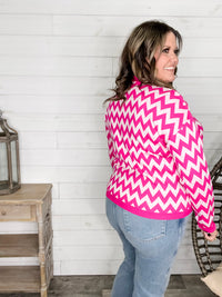 "Zig Zag" Long Sleeve Crewneck Sweater (Fuchsia)