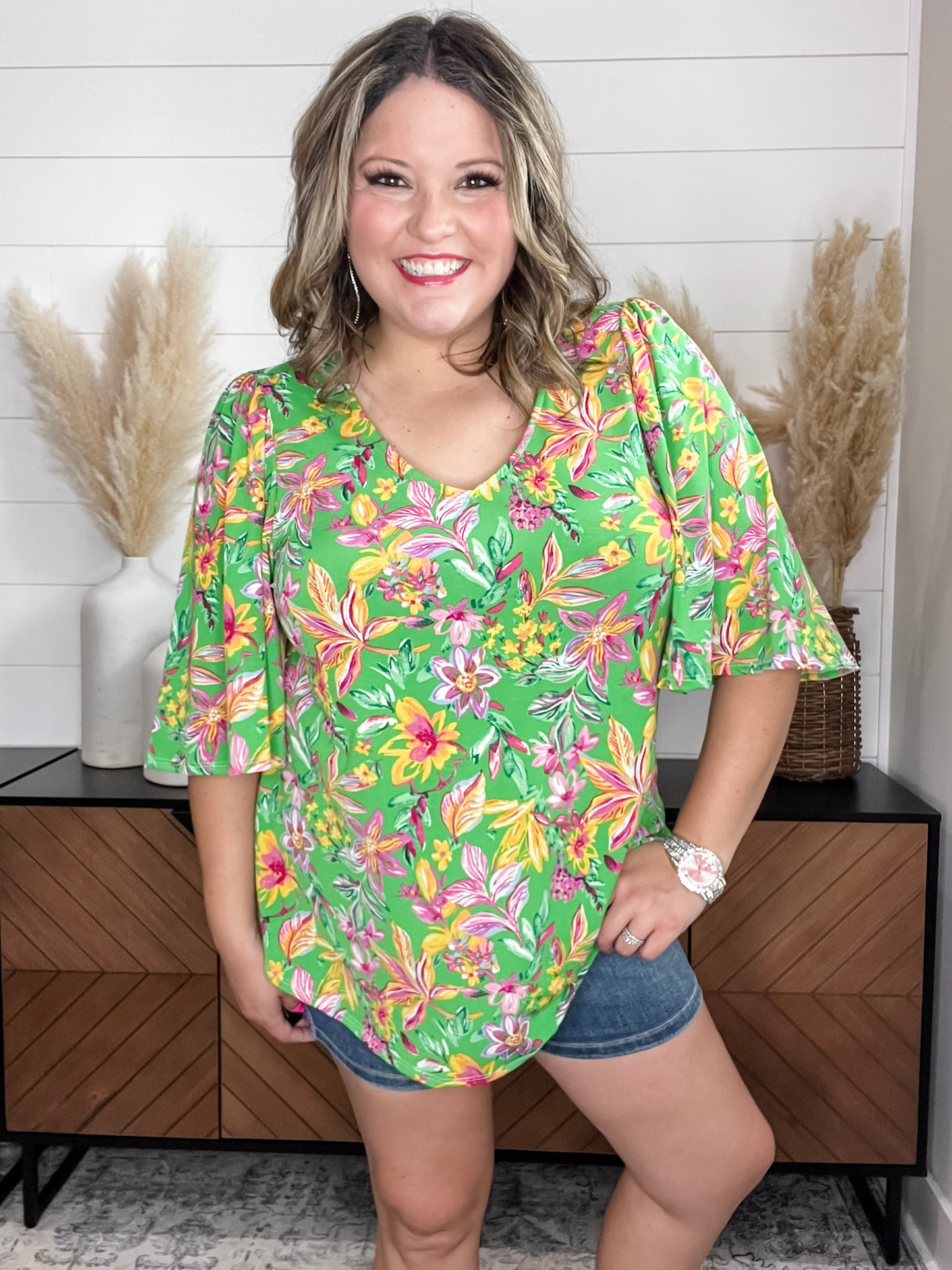 "Given" Short Ruffled Sleeve U Neck