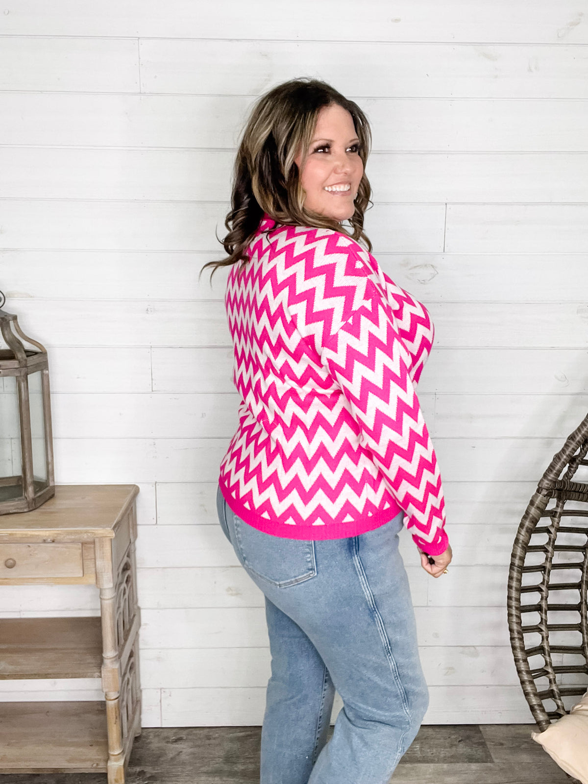 "Zig Zag" Long Sleeve Crewneck Sweater (Fuchsia)